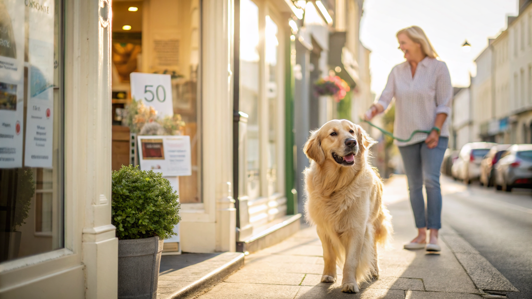 A happy dog and owner outside a local pet shop
